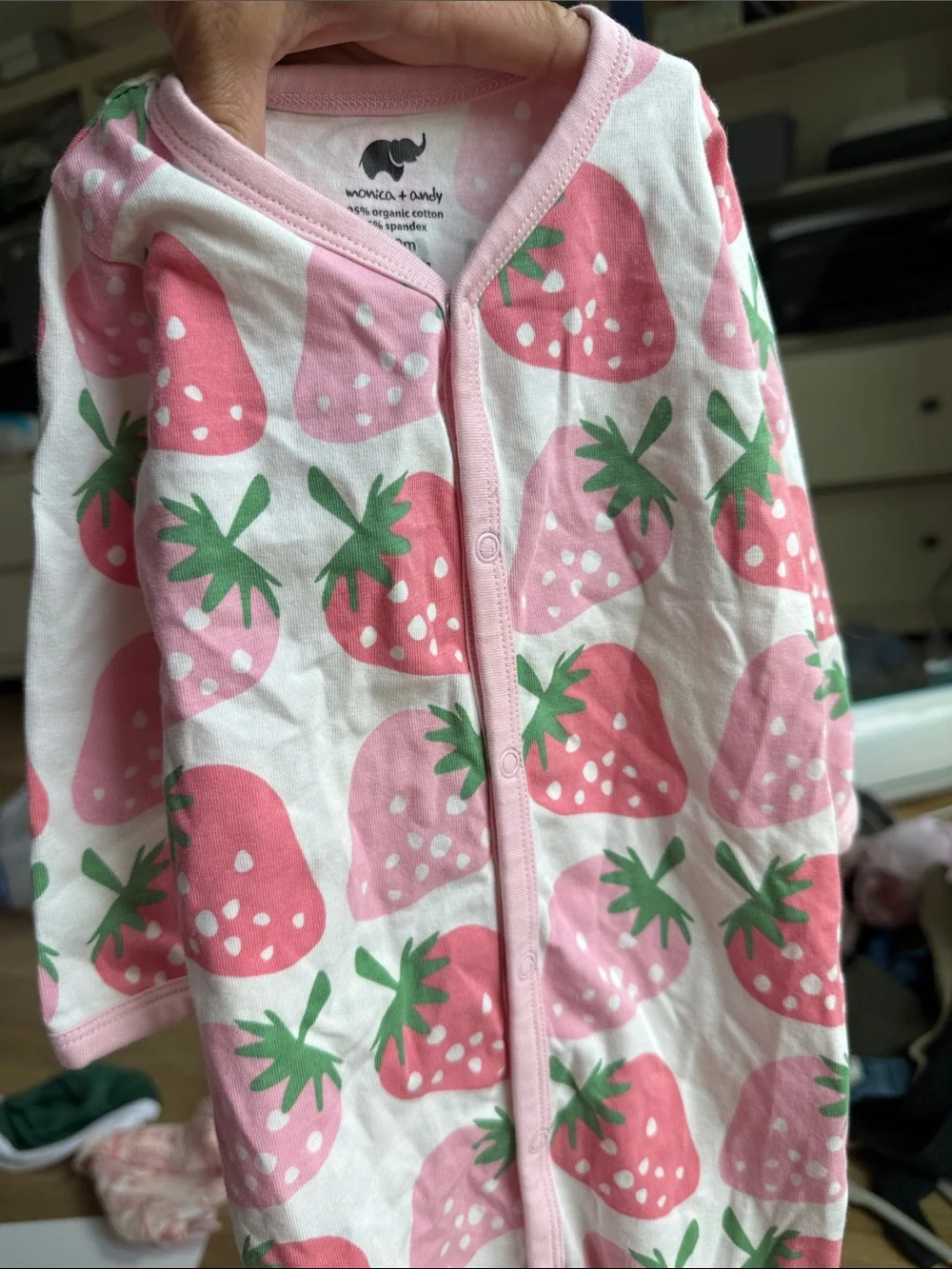 Kids Pink Strawberry Print Footie Romper. 100% organic cotton.